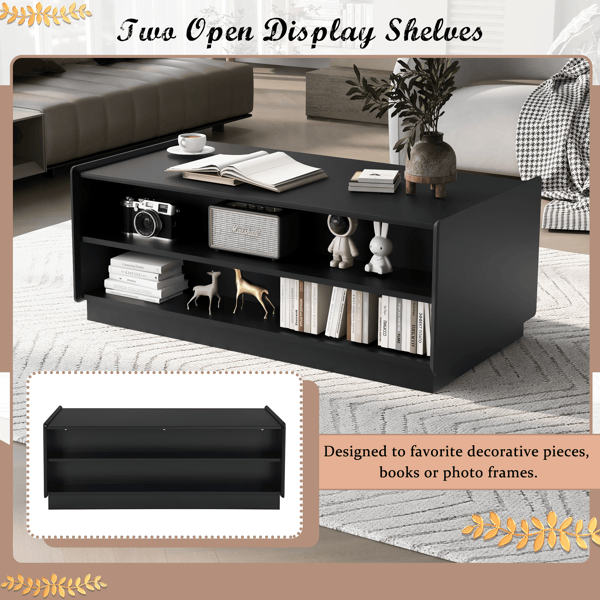 Modern Rectangle Coffee Table with 4 Drawers and 2 Display Shelves, 47.2" Wood Coffee Table with Fluted Style, Tempered Glass for Living Room