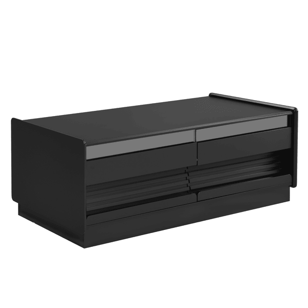 Modern Rectangle Coffee Table with 4 Drawers and 2 Display Shelves, 47.2" Wood Coffee Table with Fluted Style, Tempered Glass for Living Room