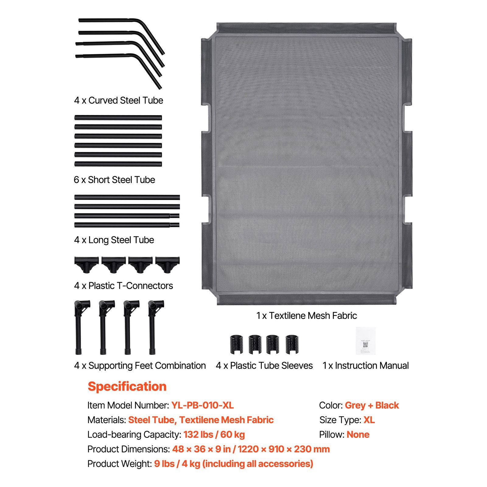 Elevated Dog Bed for Large Dogs, Portable Raised Dog Cot with Steel Metal Frame and Breathable Teslin Mesh, Indoor & Outdoor Pet Cooling Raised Hammock Bed, XL, Gray