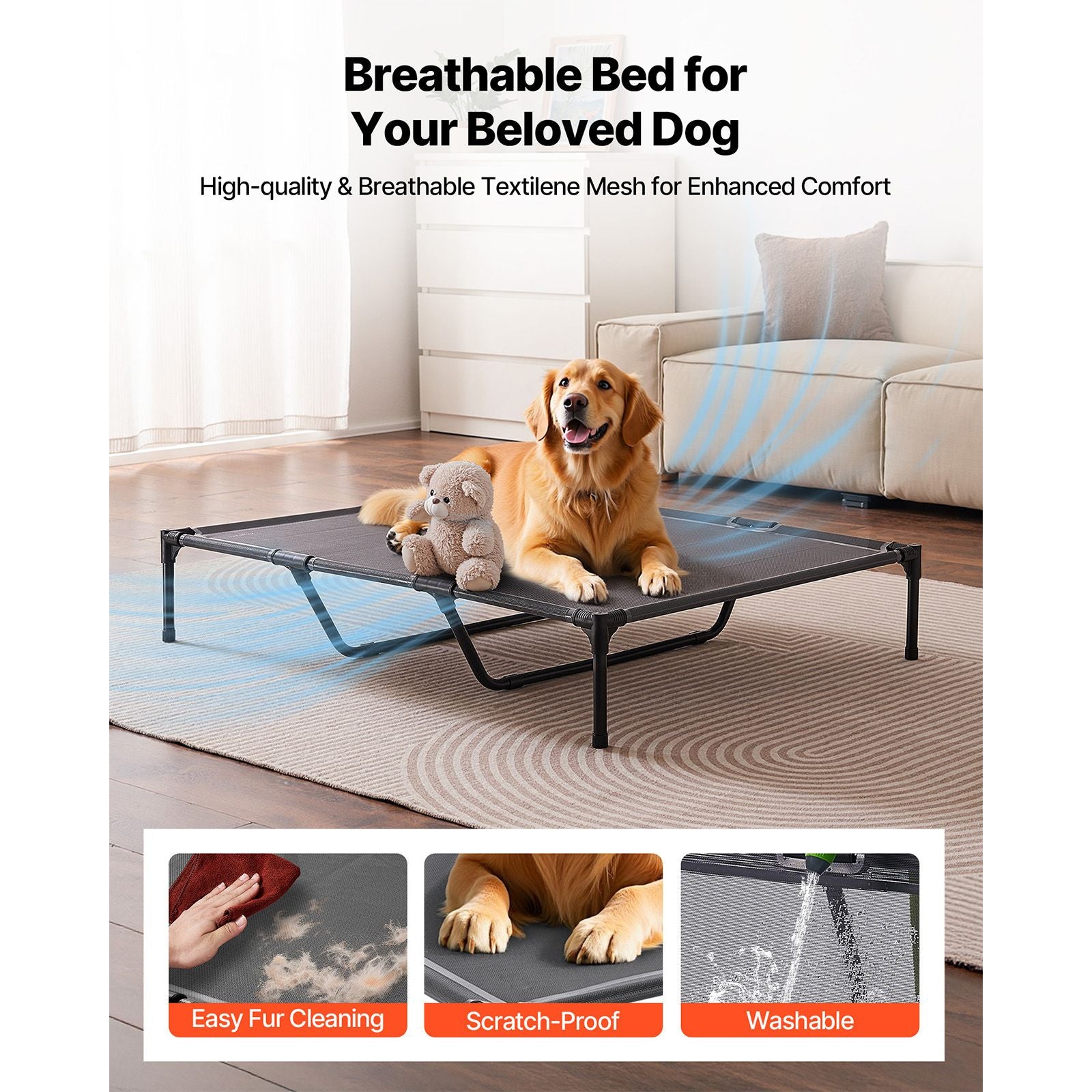 Elevated Dog Bed for Large Dogs, Portable Raised Dog Cot with Steel Metal Frame and Breathable Teslin Mesh, Indoor & Outdoor Pet Cooling Raised Hammock Bed, XL, Gray