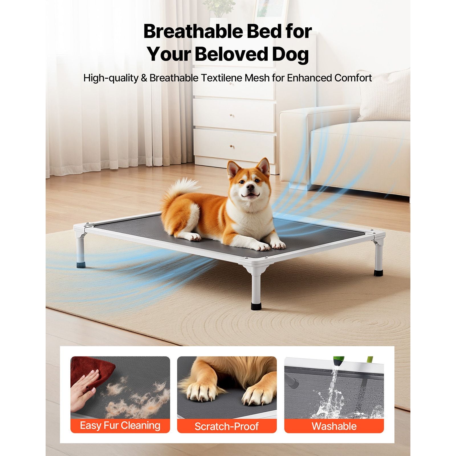 Elevated Dog Bed for Large Dogs, Portable Raised Dog Cot with Aluminum Tube Metal Frame and Breathable Textilene Mesh, Indoor & Outdoor Pet Cooling Raised Hammock Bed, L, Gray