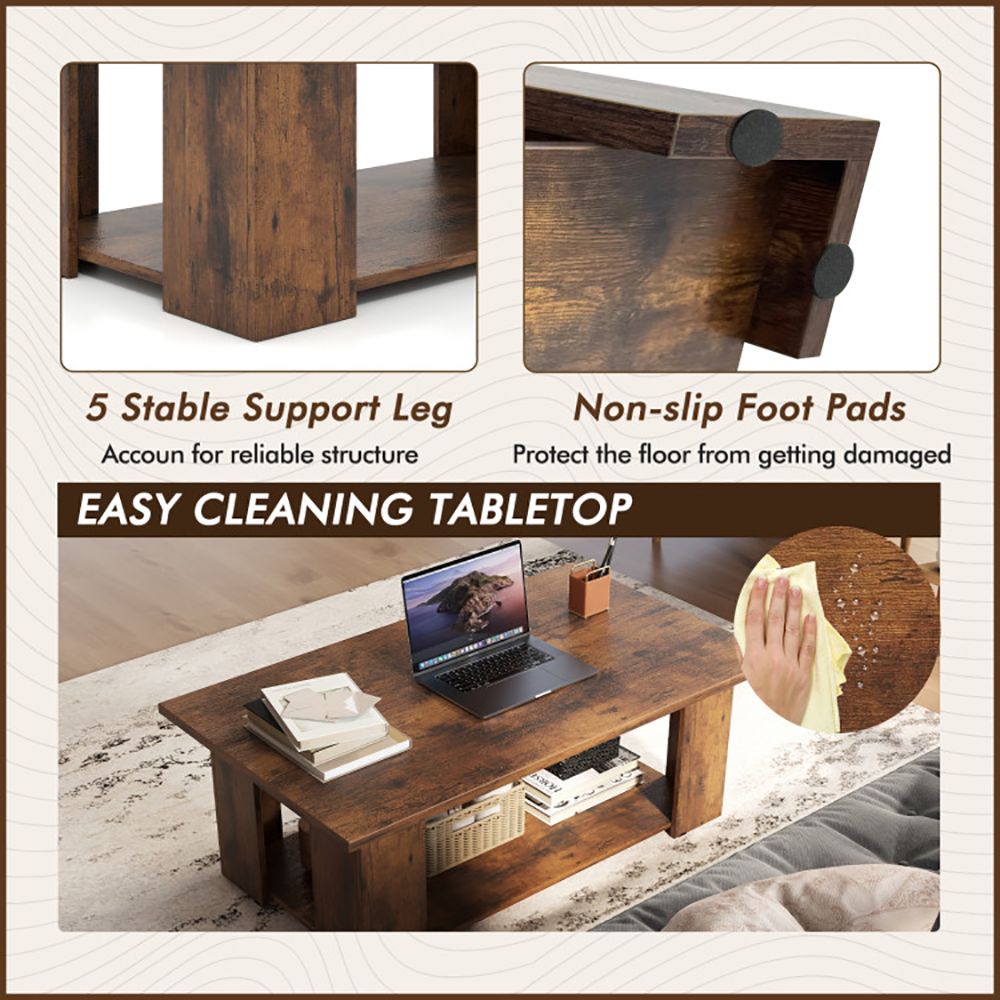 Large 41 Inch 2-tier Wooden Modern Coffee Table with Storage Shelf living room table