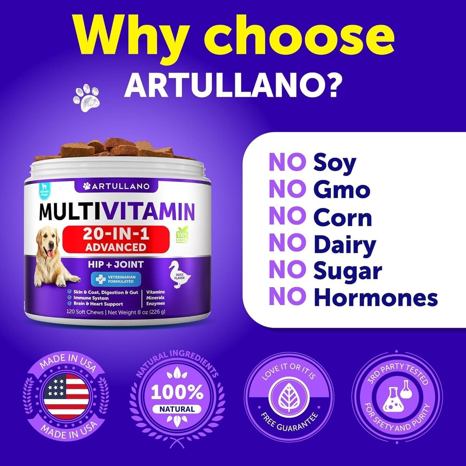 Dog Multivitamin Chewable with Glucosamine 20 in 1 Dog Vitamins and Supplements Senior & Puppy Multivitamin for Dogs Pet Joint Support Health Immunity Mobility Gut Skin 120 Chews