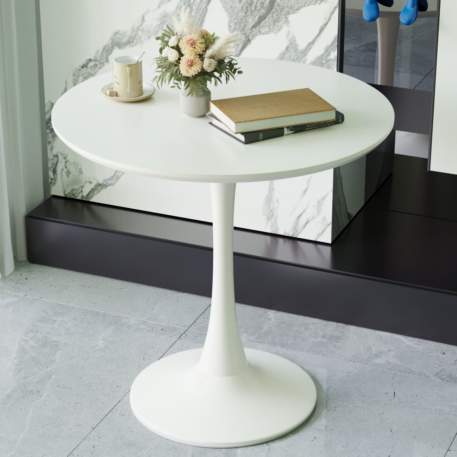 31.5" White Round Dining Table, Tulip Table Kitchen Dining Table 2-4 People with MDF Table Top & Pedestal Base, Mid-Century End Table Leisure Coffee Table Office Living Room Table