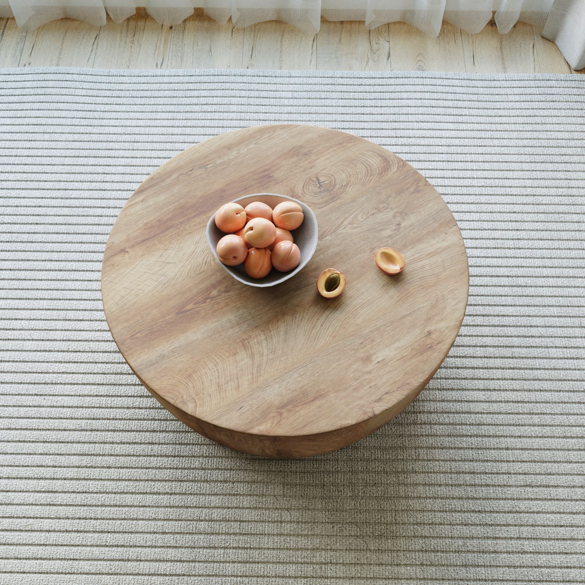 29.53" high-quality MDF natural color round table, modern industrial natural fully assembled drum coffee table, suitable for home&kitchen