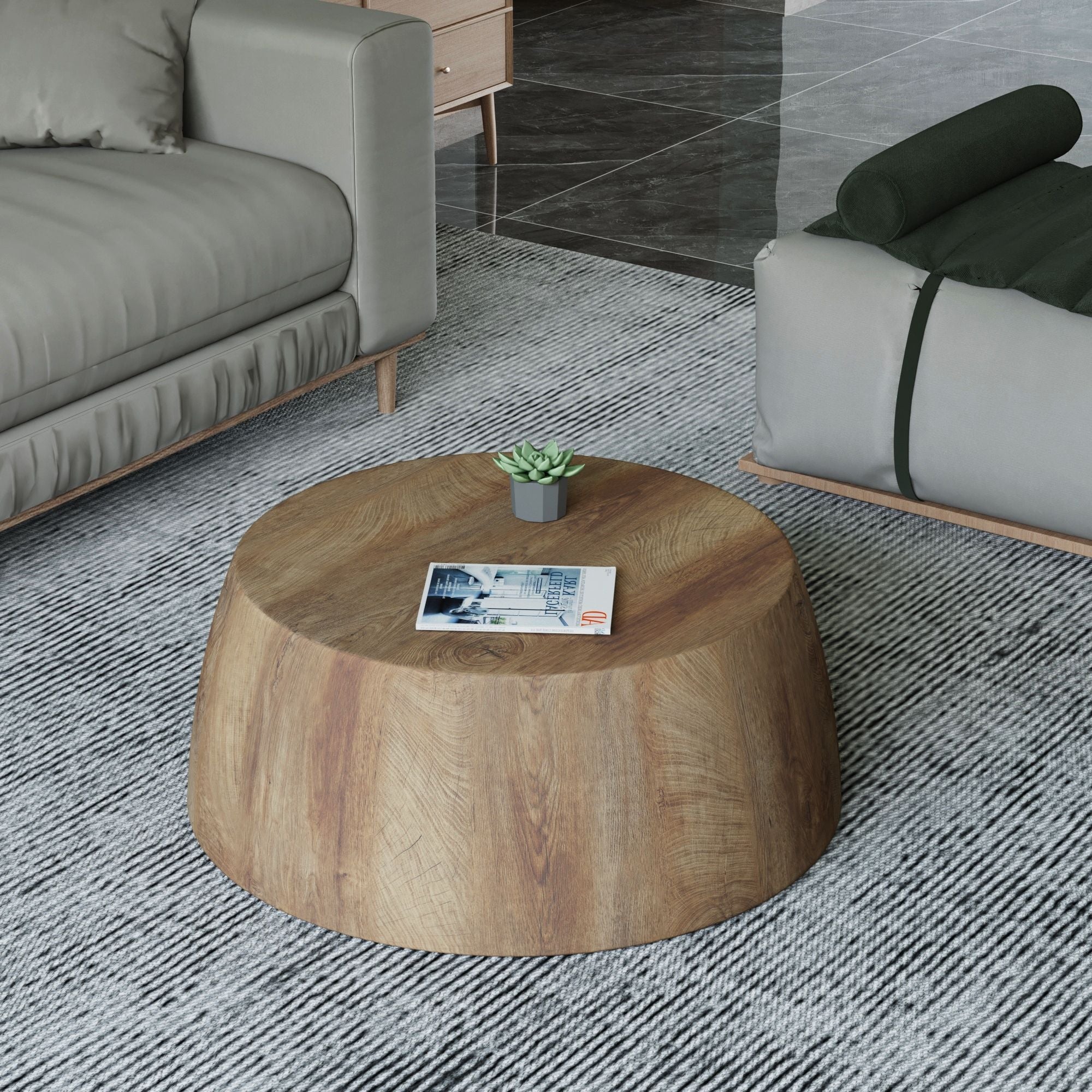 29.53" high-quality MDF natural color round table, modern industrial natural fully assembled drum coffee table, suitable for home&kitchen
