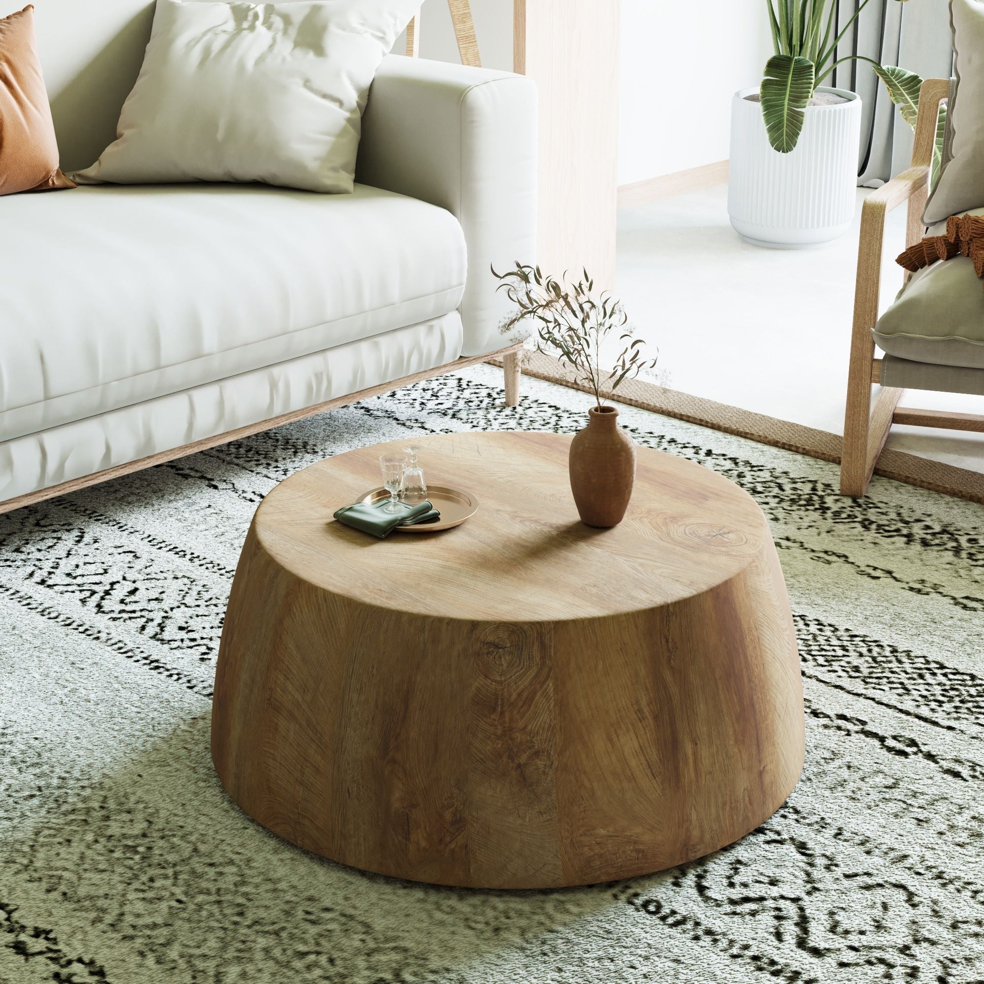 29.53" high-quality MDF natural color round table, modern industrial natural fully assembled drum coffee table, suitable for home&kitchen