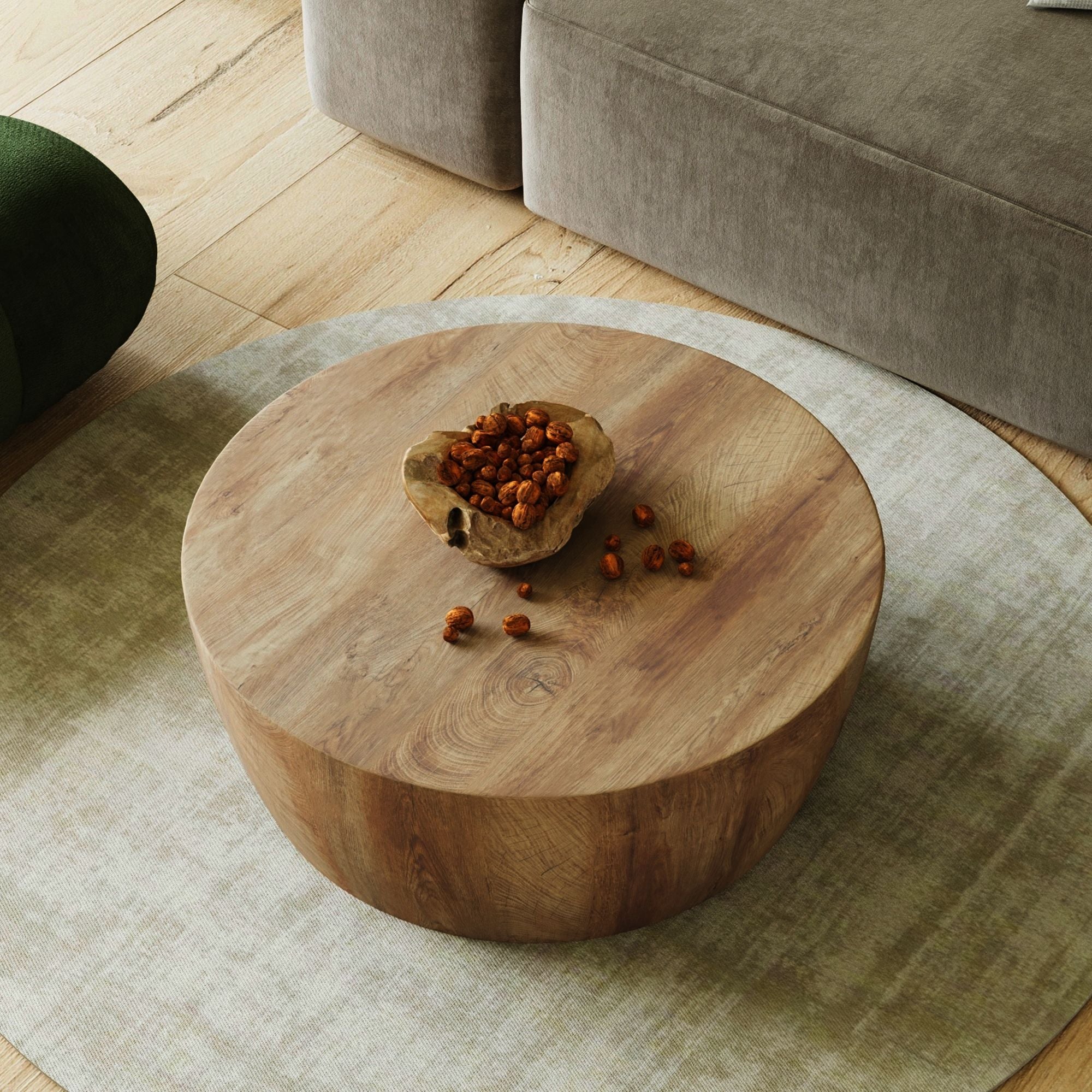 29.53" high-quality MDF natural color round table, modern industrial natural fully assembled drum coffee table, suitable for home&kitchen