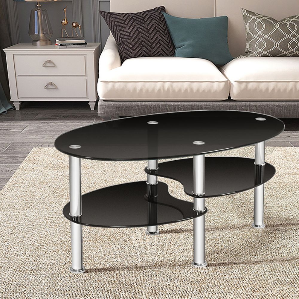 1PC Tempered Glass Double Layer Oval Side Coffee Table Sturdy and Durable Living Room Table