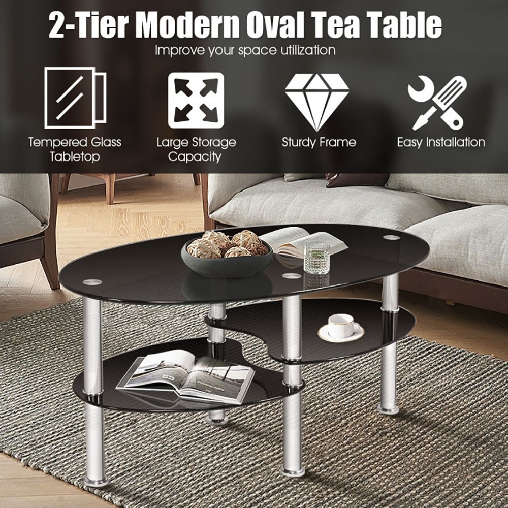 1PC Tempered Glass Double Layer Oval Side Coffee Table Sturdy and Durable Living Room Table