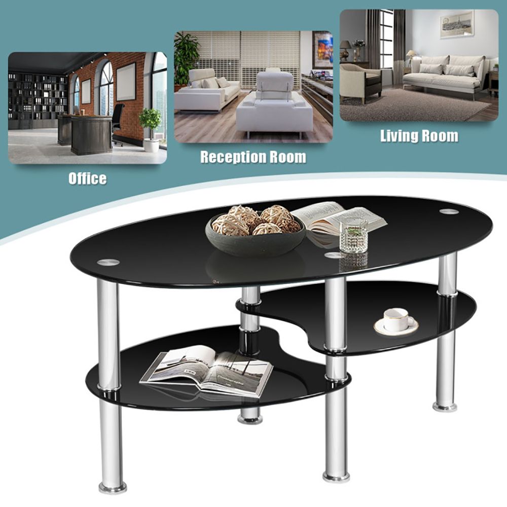 1PC Tempered Glass Double Layer Oval Side Coffee Table Sturdy and Durable Living Room Table