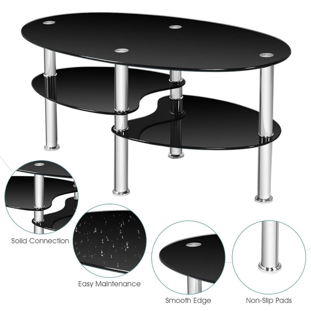 1PC Tempered Glass Double Layer Oval Side Coffee Table Sturdy and Durable Living Room Table