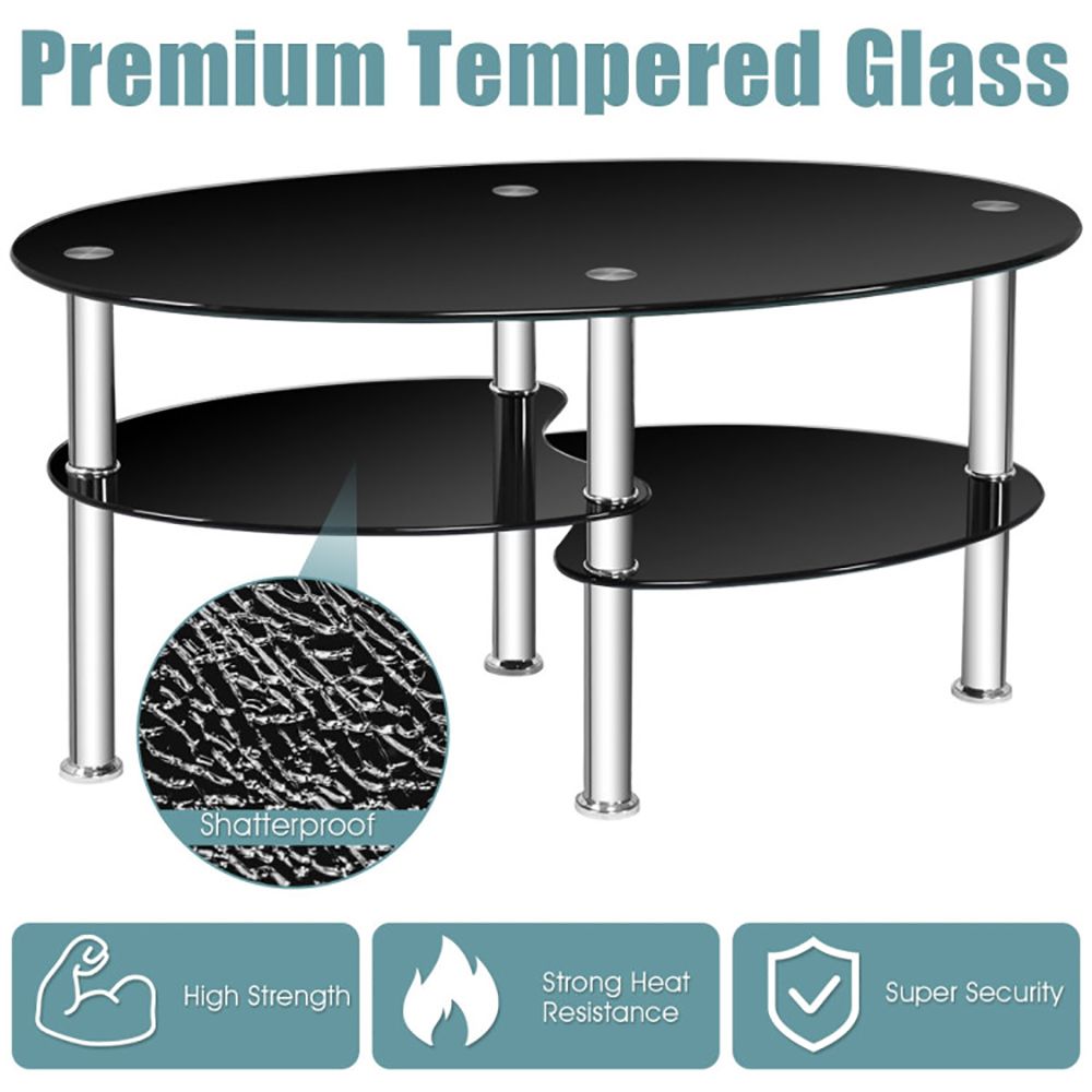 1PC Tempered Glass Double Layer Oval Side Coffee Table Sturdy and Durable Living Room Table