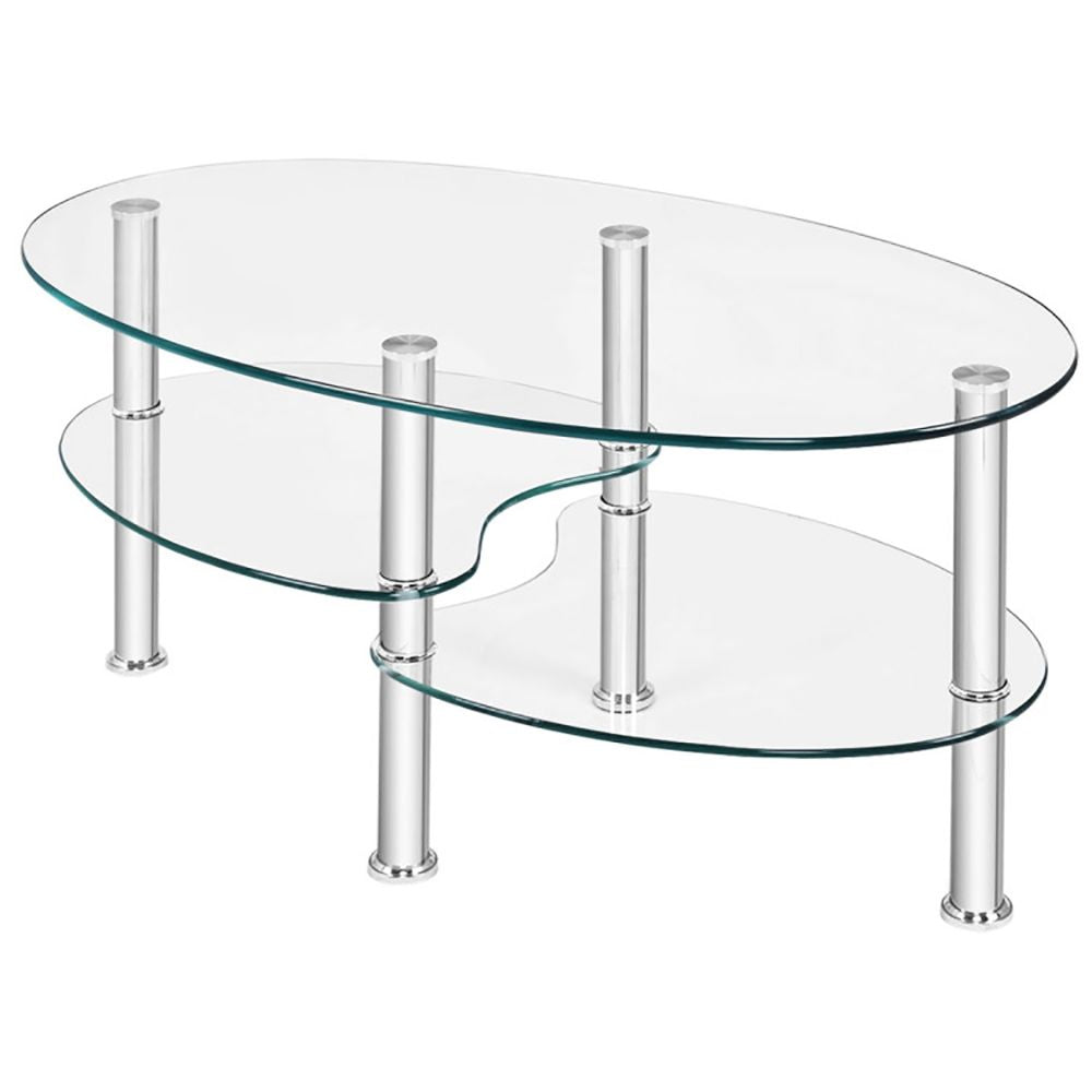 1PC Tempered Glass Double Layer Oval Side Coffee Table Sturdy and Durable Living Room Table