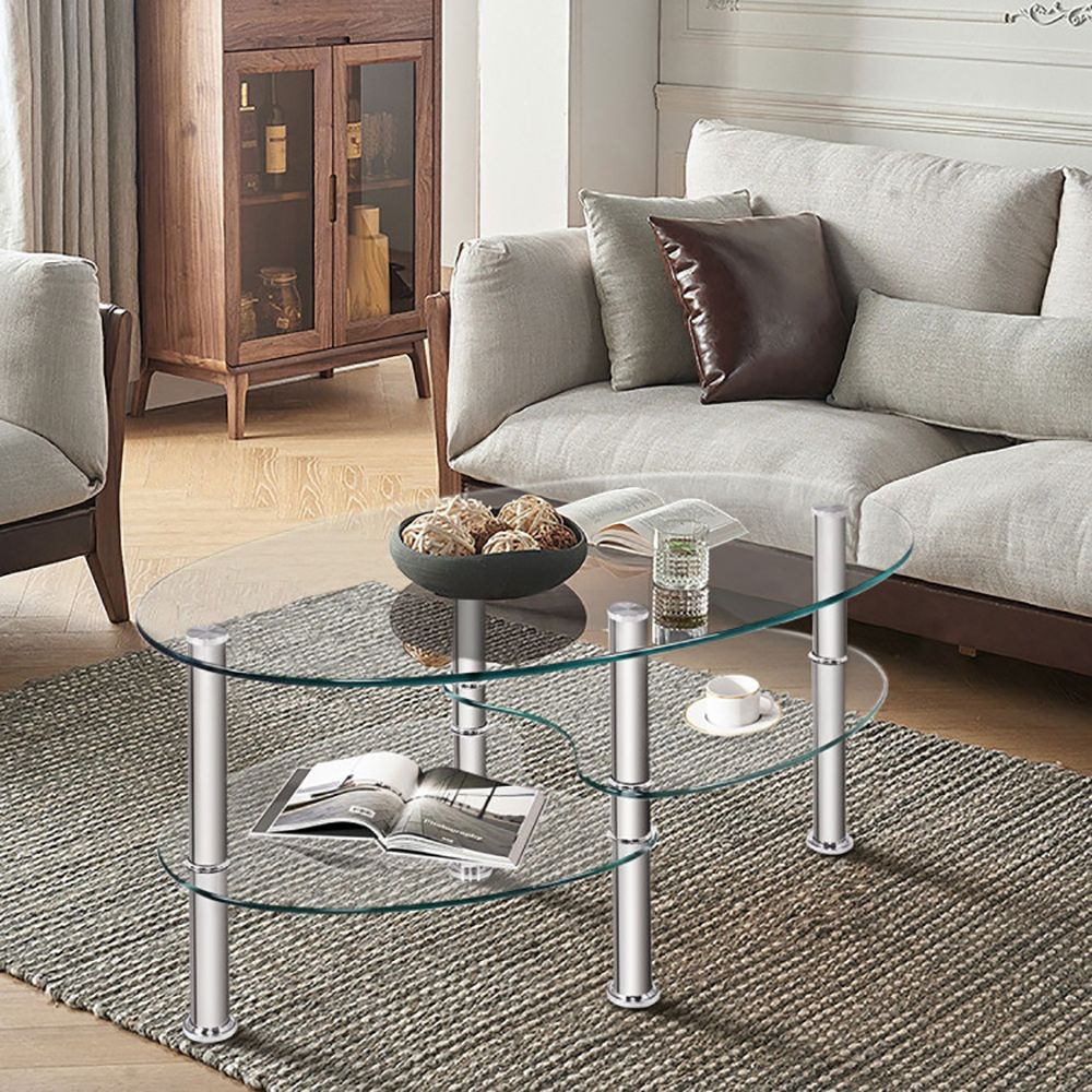 1PC Tempered Glass Double Layer Oval Side Coffee Table Sturdy and Durable Living Room Table