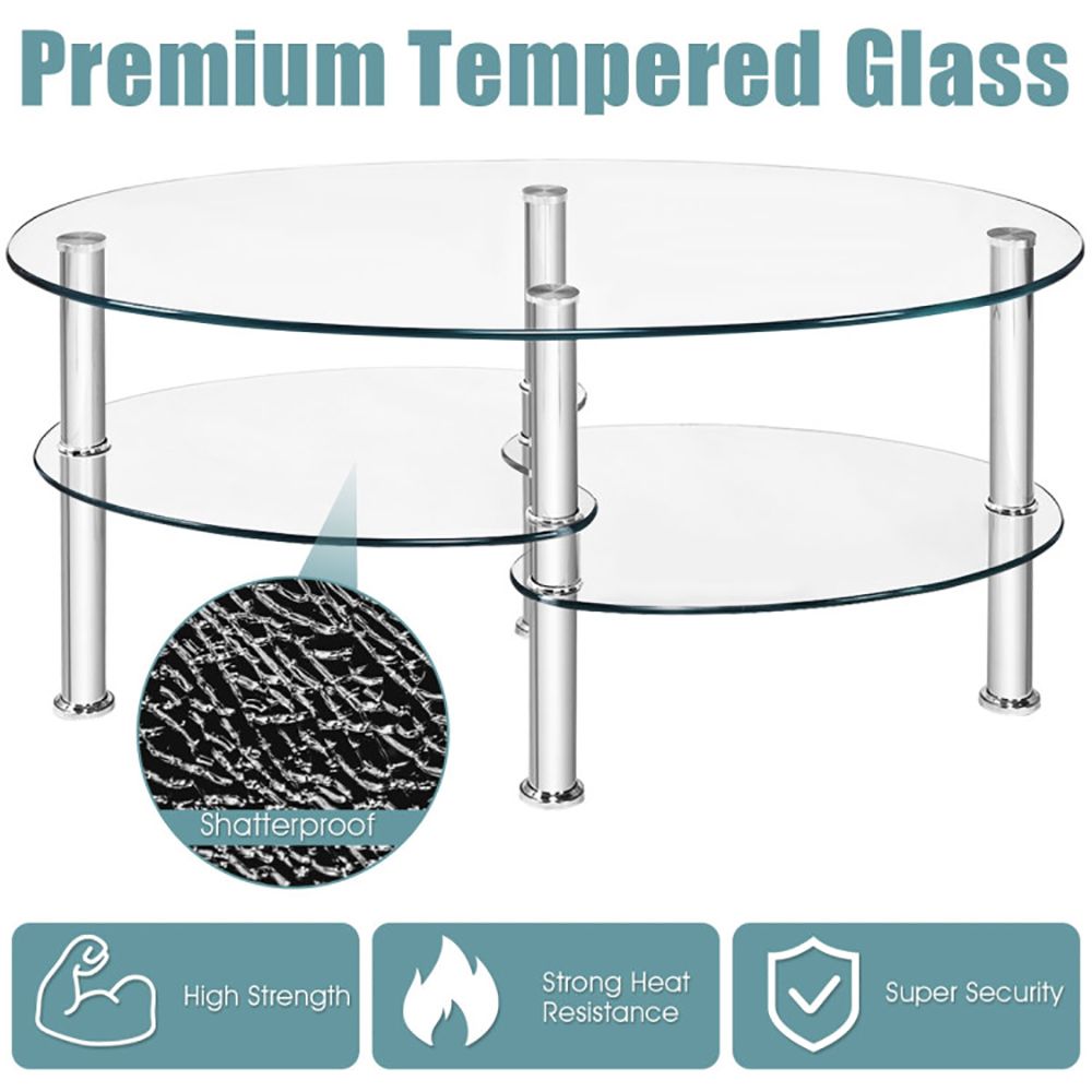 1PC Tempered Glass Double Layer Oval Side Coffee Table Sturdy and Durable Living Room Table