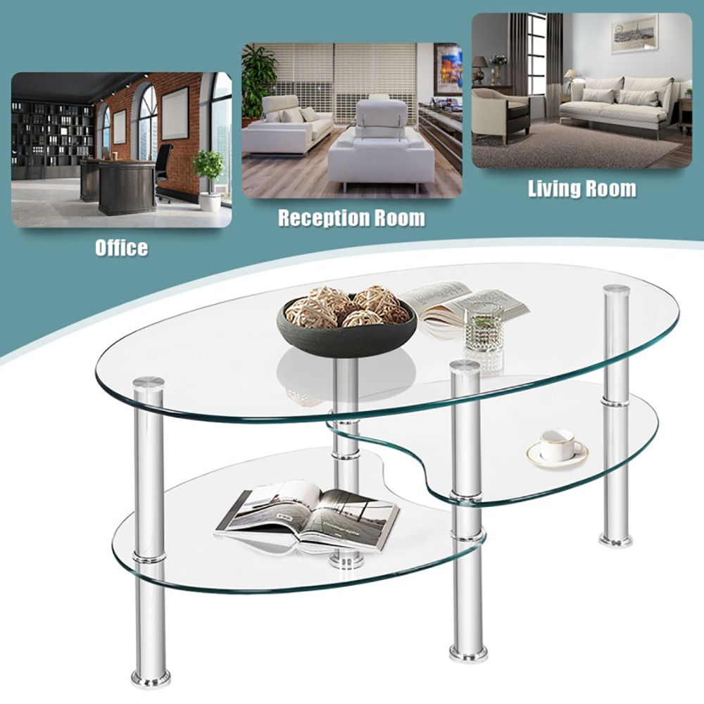1PC Tempered Glass Double Layer Oval Side Coffee Table Sturdy and Durable Living Room Table