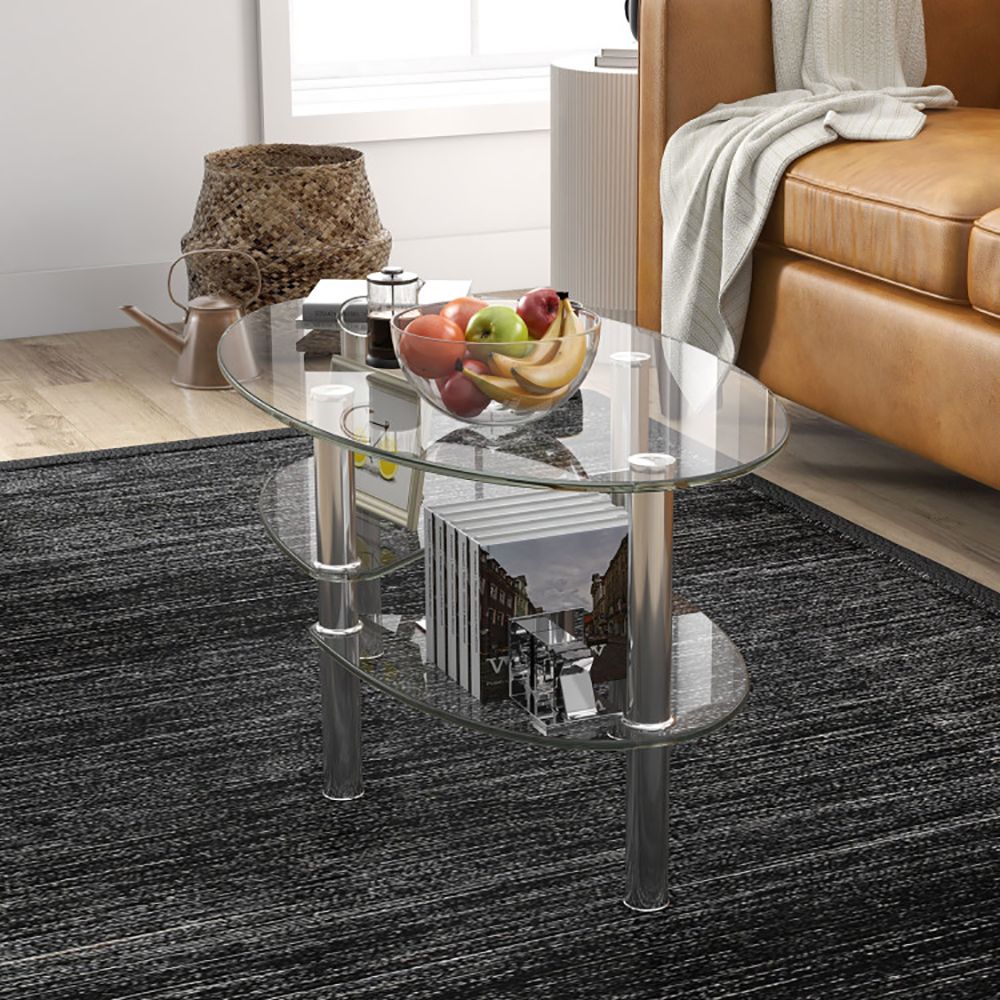 1PC Tempered Glass Double Layer Oval Side Coffee Table Sturdy and Durable Living Room Table