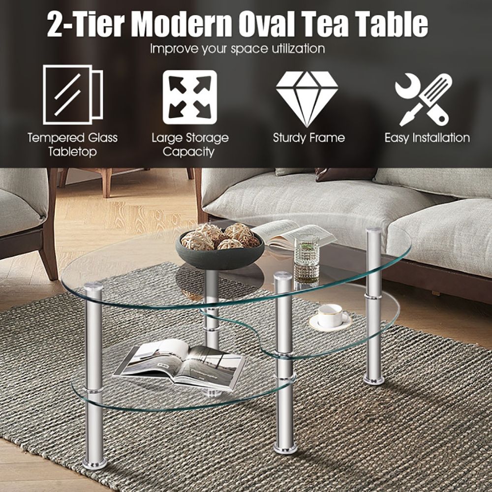 1PC Tempered Glass Double Layer Oval Side Coffee Table Sturdy and Durable Living Room Table