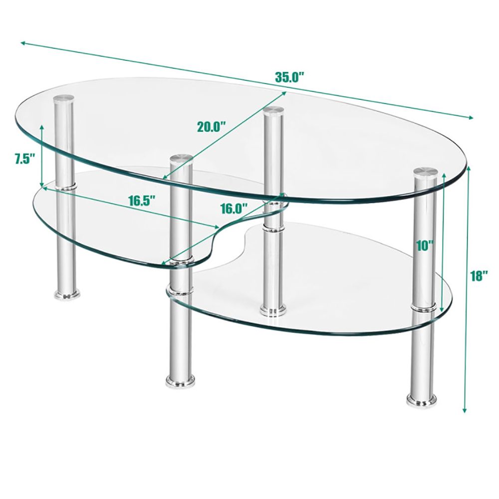 1PC Tempered Glass Double Layer Oval Side Coffee Table Sturdy and Durable Living Room Table