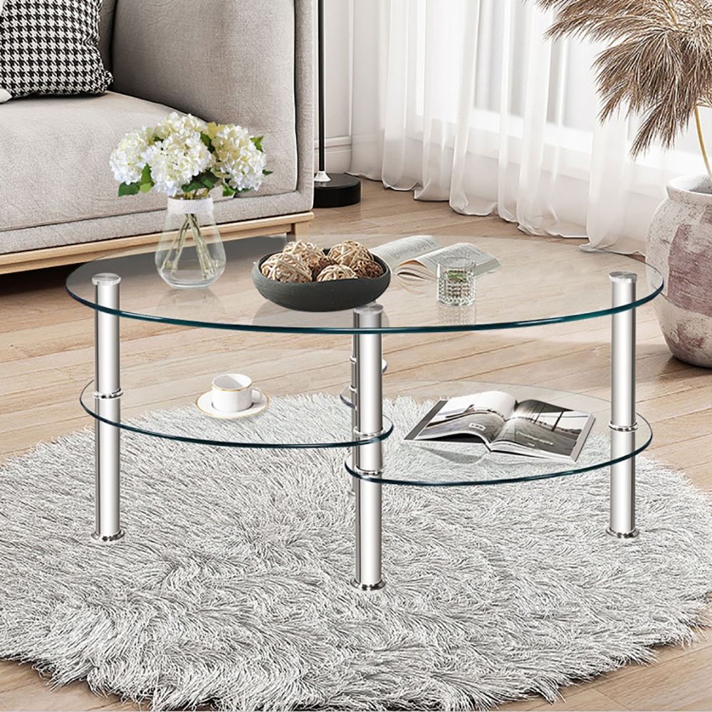 1PC Tempered Glass Double Layer Oval Side Coffee Table Sturdy and Durable Living Room Table